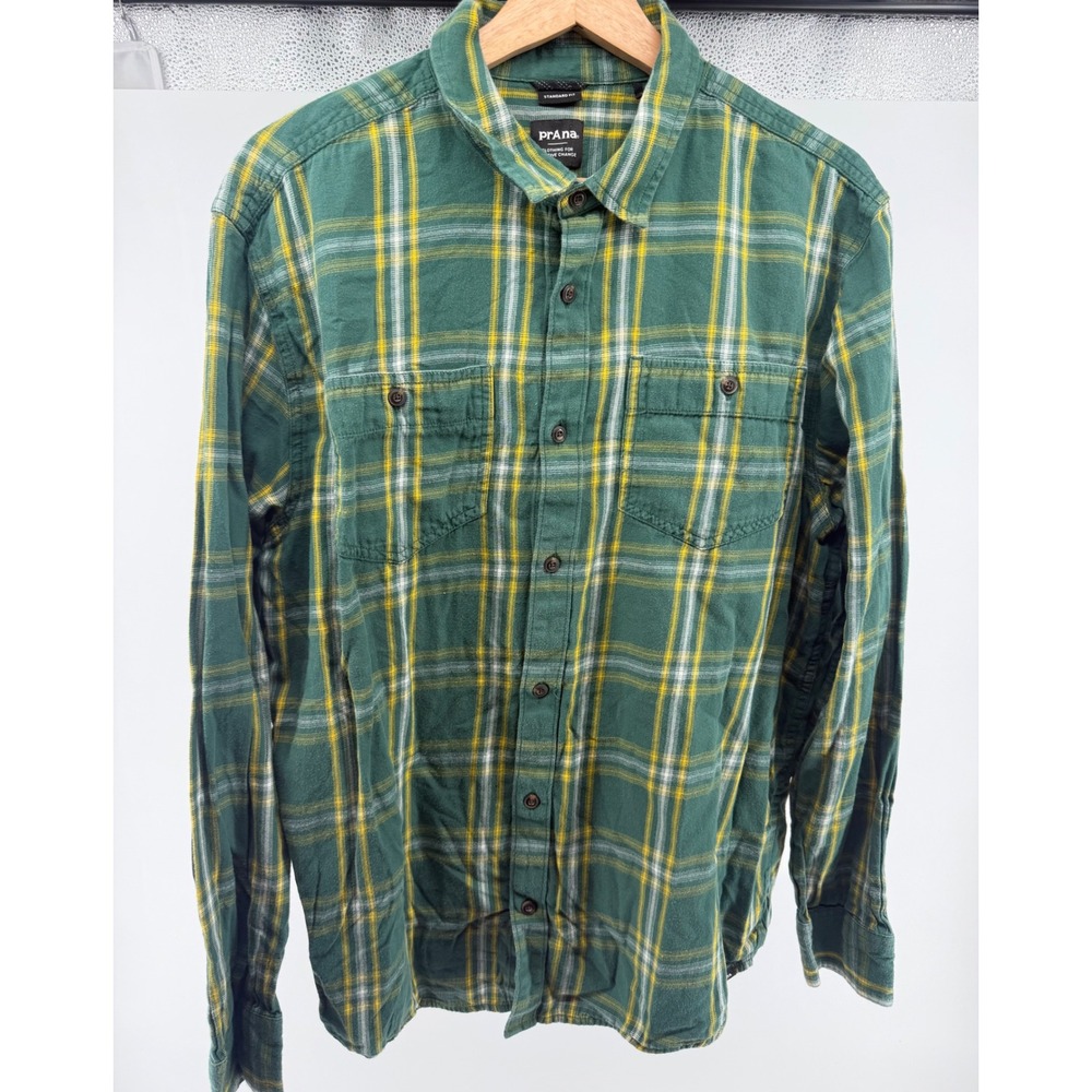 Prana‎ Mens Organic Cotton Dolberg Plaid Flannel Shirt Green Yellow Large